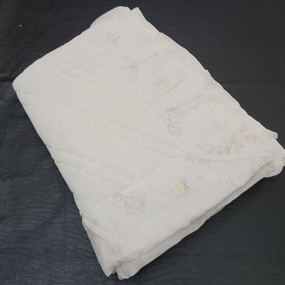 Dacron Quilted Baby Blanket Satin Trim Bunny Pastel Blocks Teddy Bear Rattle Vtg - Picture 2 of 16